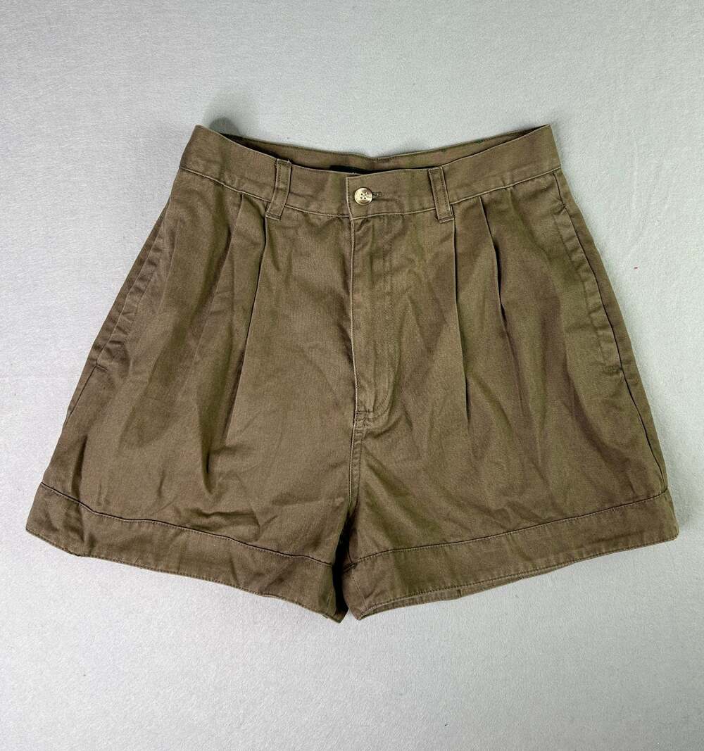 Vintage American Outpost Women Khaki Pleated High-Waisted Cotton Shorts – Size 4